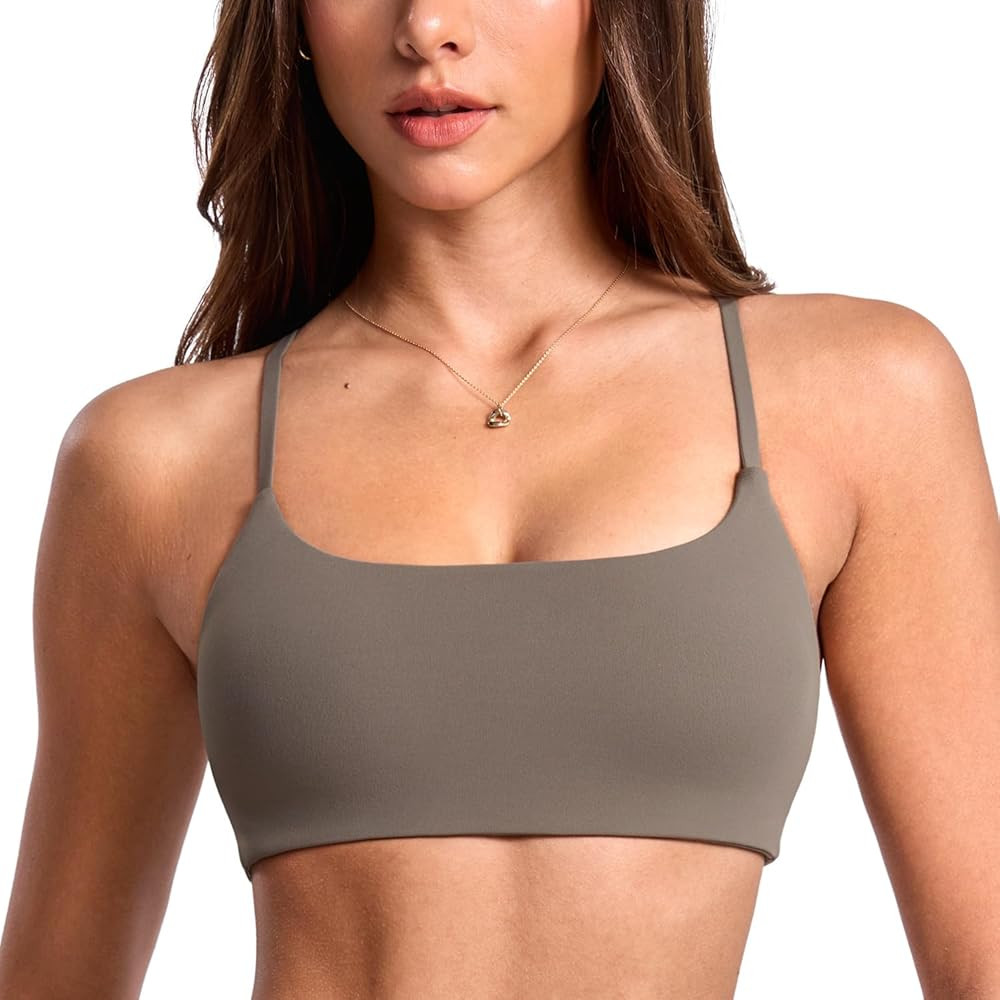 Women's Low Scoop Neck Sports Bra Spaghetti Criss Cross Strap Padded Workout Yoga Bra Crop Top | Amazon (US)