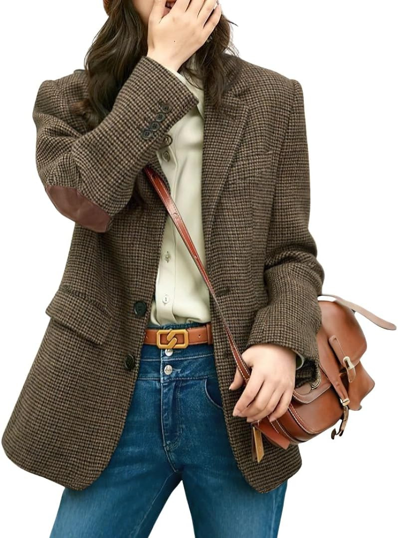 chouyatou Women's Fall Winter Wool Business Casual Blazer Jacket Single Breasted Plaid Dressy Work Coat | Amazon (US)