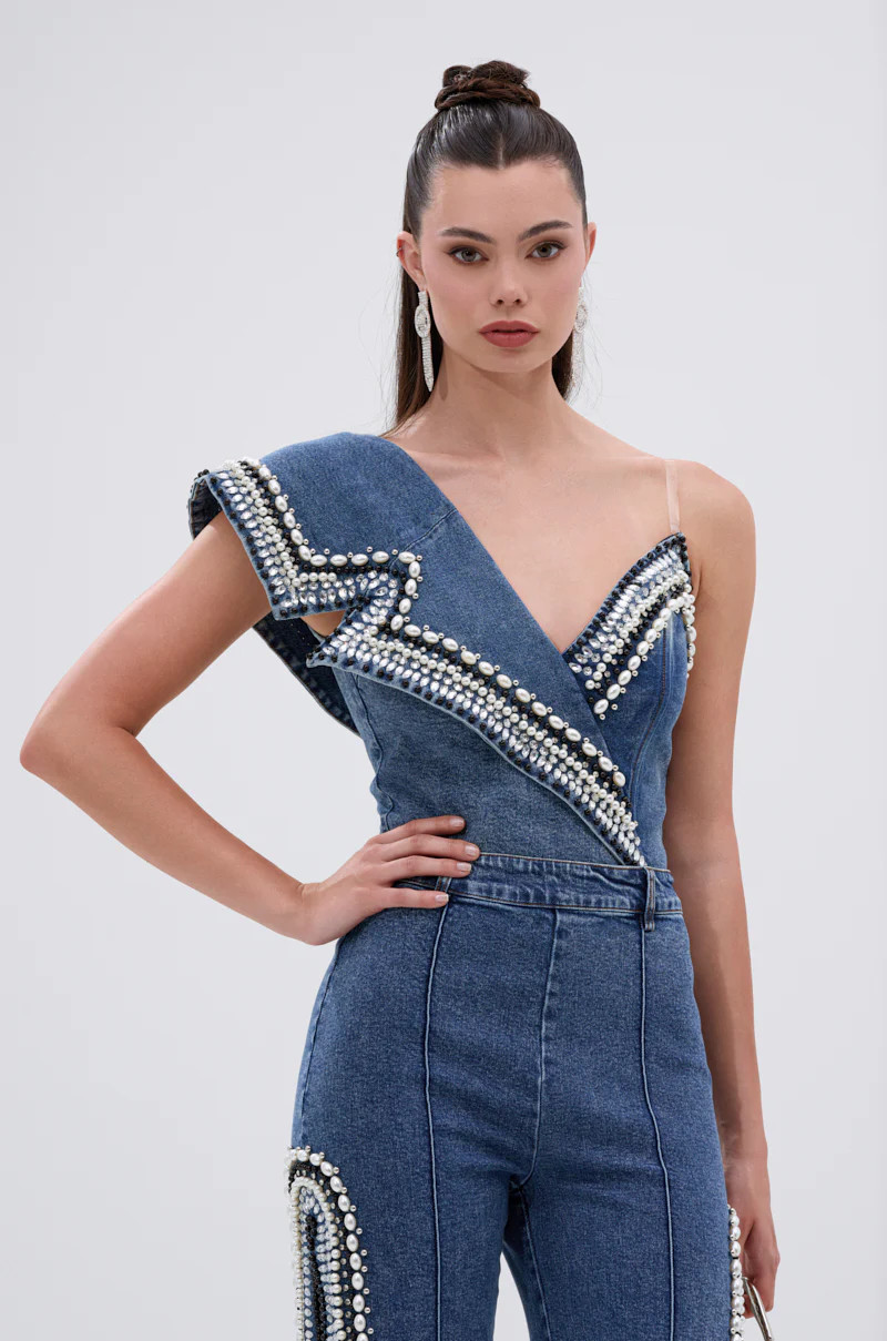 LUXURIOUS DENIM ASYMMETRICAL PEARL BODYSUIT | AKIRA