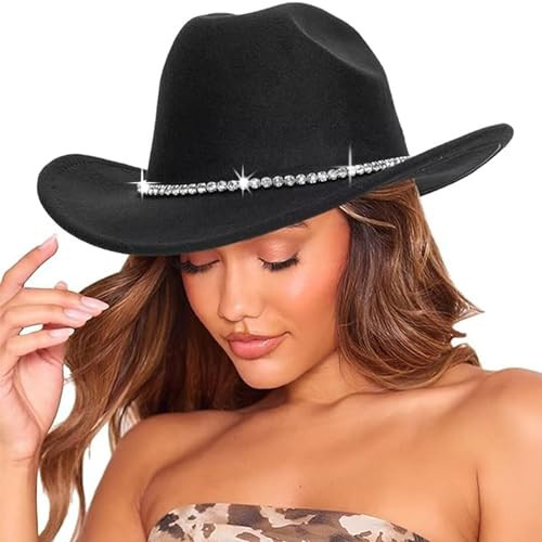UTOWO Women Western-Cowboy-Hat Big-Rhinestone-Chain-Decor Felt-Cowgirl-Hat Shiny-Bling Outback-Rodeo-Hat M/L | Amazon (US)