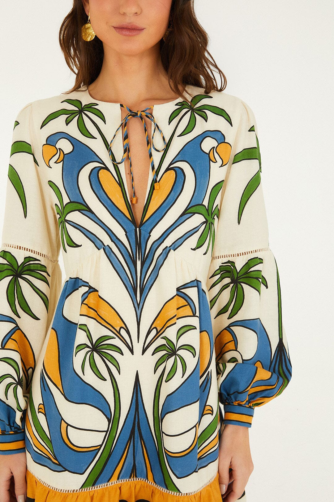 Sand Tropical Graphic Lace Ruffled Mini Dress | FARM Rio | FarmRio (US)