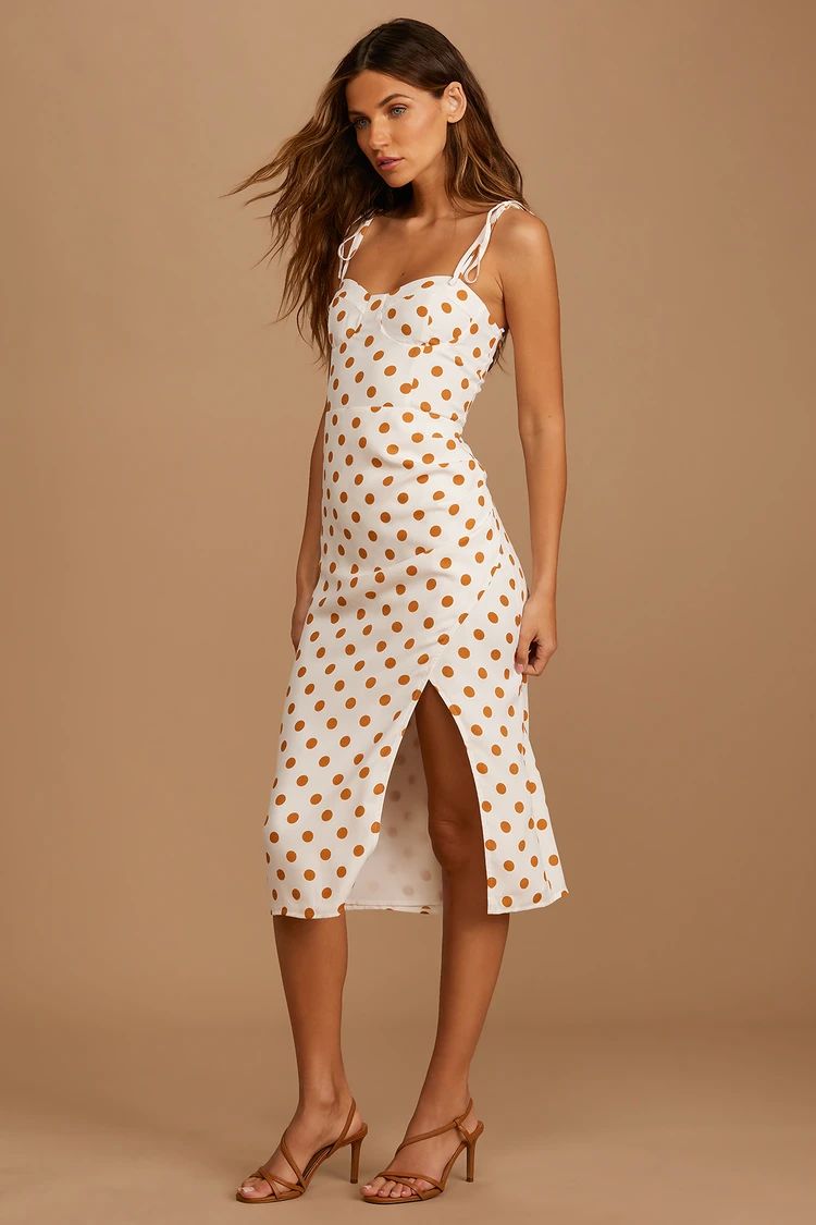 Ready to Treat White Polka Dot Tie-Strap Bustier Midi Dress | Lulus (US)