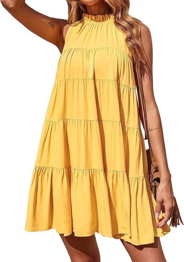 Okiwam Women Summer Casual 2024 Sleeveless Halter Dress Ruffle Flowy Boho Sun Dress Loose Swing P... | Amazon (US)