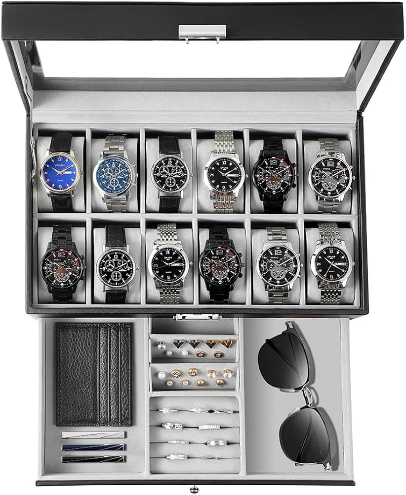 GUKA Watch Box 12 Slot Watch Display Organizer Leather Jewelry Case Drawer Glass Birthday for Men... | Amazon (US)