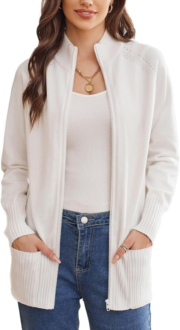 GRACE KARIN Women's Long Sleeve Zip Up Knit Cardigan with Pockets Stand Collar Full Zip Sweater Coat | Amazon (US)