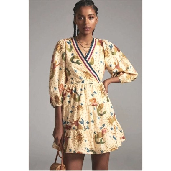 Farm x Anthropologie Mermaid Print Wrap Mini Dress Size XXS | Poshmark
