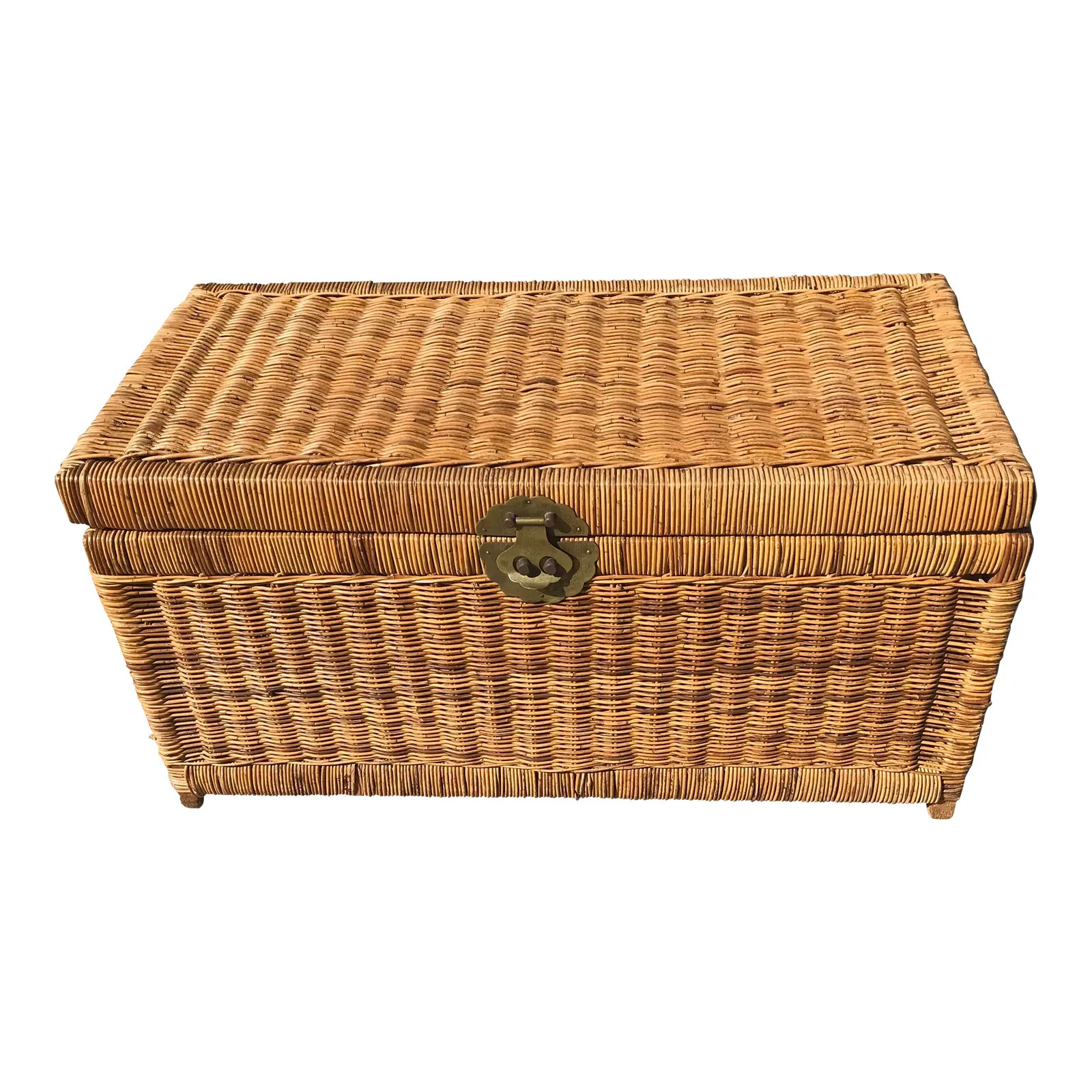 Vintage Wicker Trunk With Brass Hardware | Chairish
