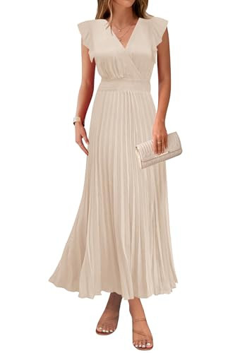 KIRUNDO Women's Summer Maxi Dresses Elegant V Neck Ruffle Flutter Sleeves Empire Waist Pleated Flowy Wedding Guest Dress (Apricot, XX-Large) | Amazon (US)
