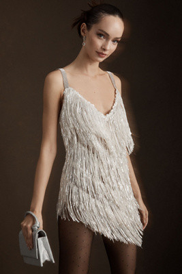 Bronx and Banco Barbie Blanc Fringe V-Neck Mini Dress | Anthropologie (US)
