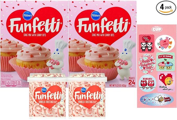 Pillsbury Funfetti Valentine's Day Bundle, 2 of each: Cake Mix, Pink Vanilla Frosting & Valentine... | Amazon (US)
