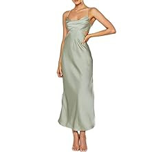 Fiemaoves Satin Silk Slip Backless Maxi Dress for Wedding Guest- Cut Out Cowl Neck Cocktail Long ... | Amazon (US)
