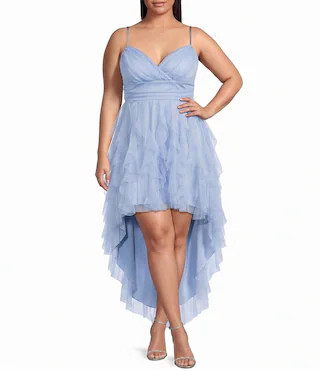Pear Culture Plus Size Mesh V-Neck High-Low Corkscrew Ruffle Dress -  22 | Dillard's
