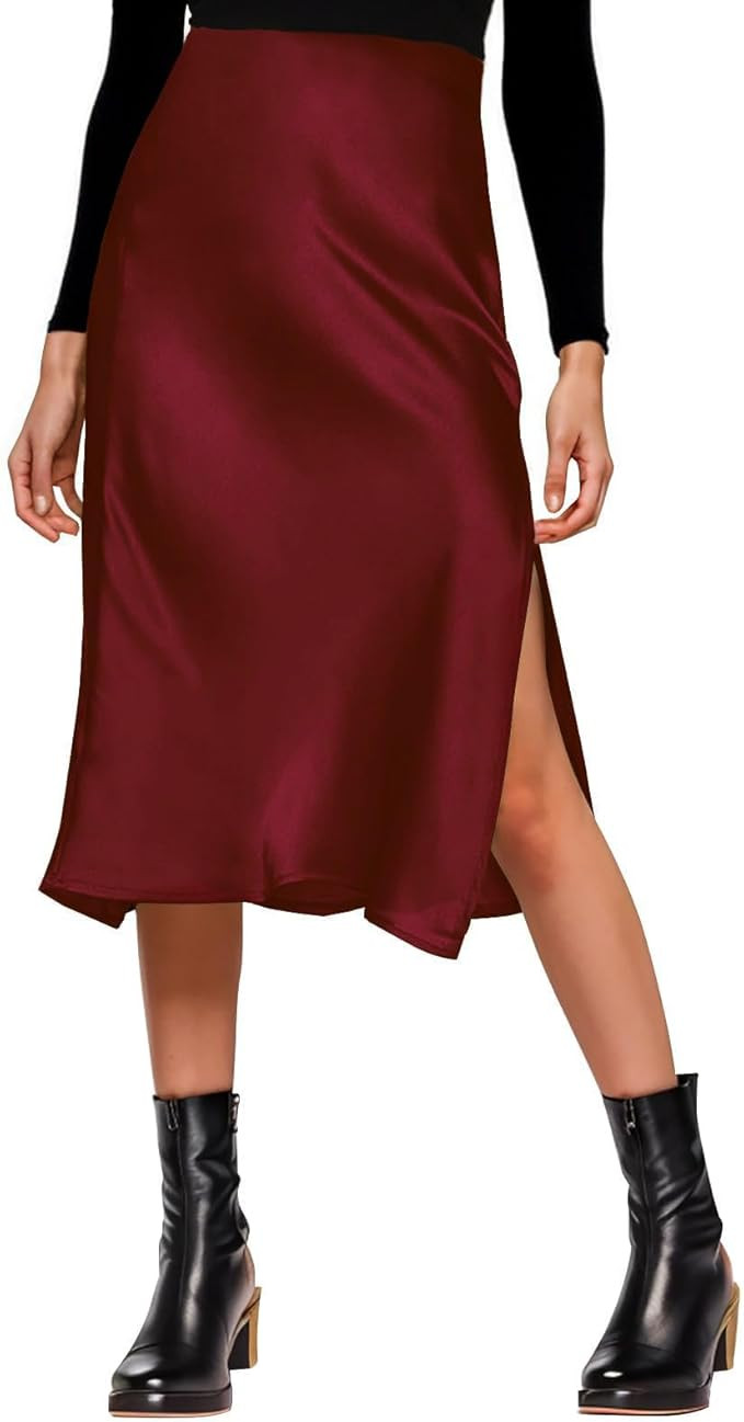 Womens Satin Silk High Waist Slit Midi Skirt Elastic Waistband Midi Skirts for Women | Amazon (US)