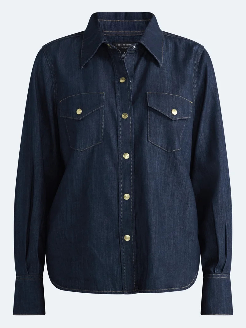 Free Assembly Women's and Women's Plus Chambray Shirt with Long Sleeves, Sizes XS-4X | Walmart (US)