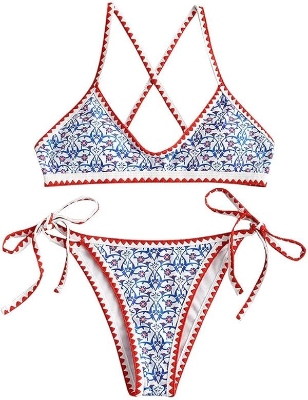 ZAFUL Women's Bohemian Swimsuit Strappy Tie Side Bikini Set Triangle Cheeky String Brazilian Swimwea | Amazon (US)