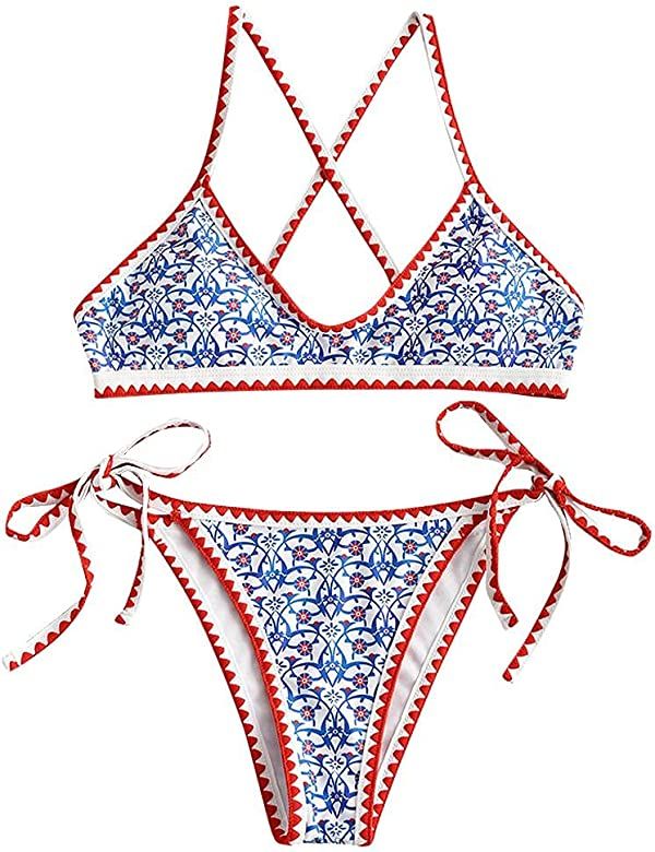 ZAFUL Women's Bohemian Swimsuit Strappy Tie Side Bikini Set Triangle Cheeky String Brazilian Swimwea | Amazon (US)