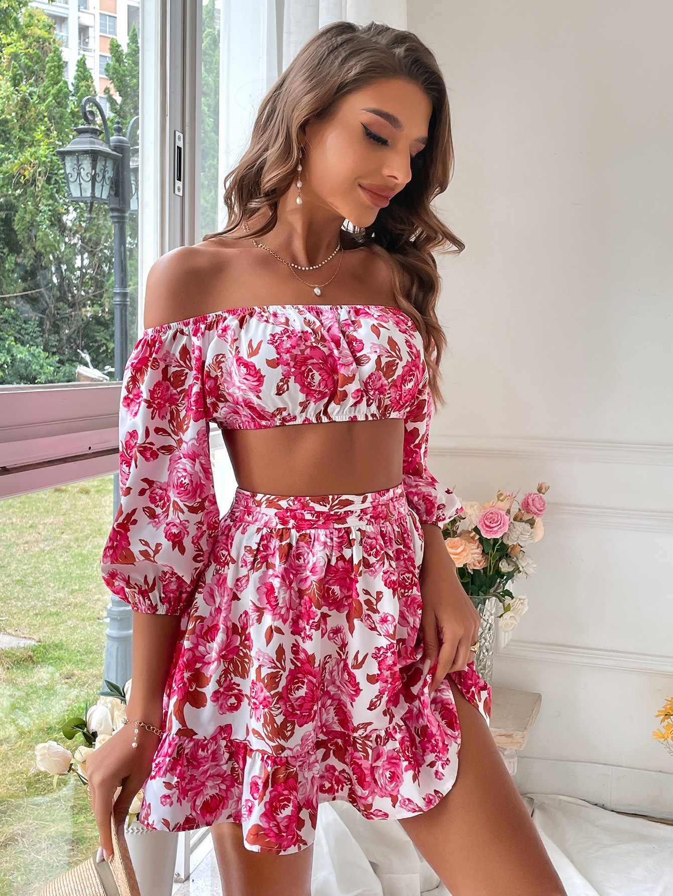 SHEIN VCAY Floral Print Off Shoulder Lantern Sleeve Crop Top & Ruffle Hem Skirt | SHEIN
