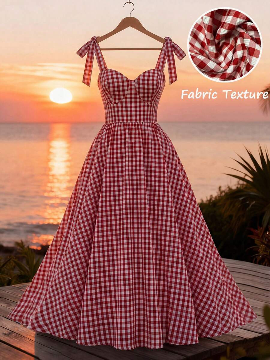 SHEIN LUNE CURVE Plus-Size 1950s Vintage French-Style Dress,Red & White Gingham Summer Sundress,L... | SHEIN