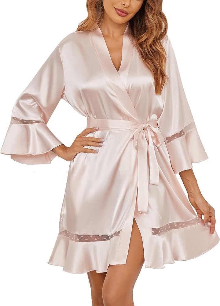 Ekouaer Women's Satin Robe Lace Kimono Bridesmaids Robe Short Ruffle Hem Silky Bathrobe 3/4 Sleev... | Amazon (US)
