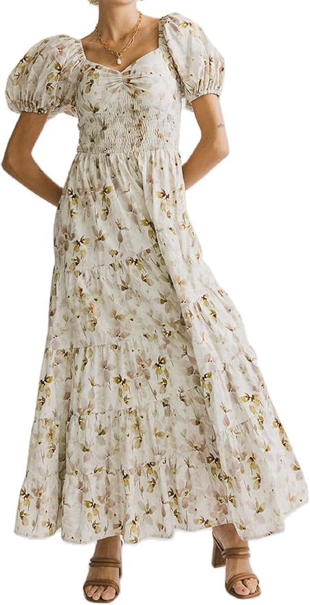 Woman Floral Puff Sleeve Maxi Dress Square Neck Ruffle Flowy Long Dresses Bohemian Tiered Summer ... | Amazon (US)