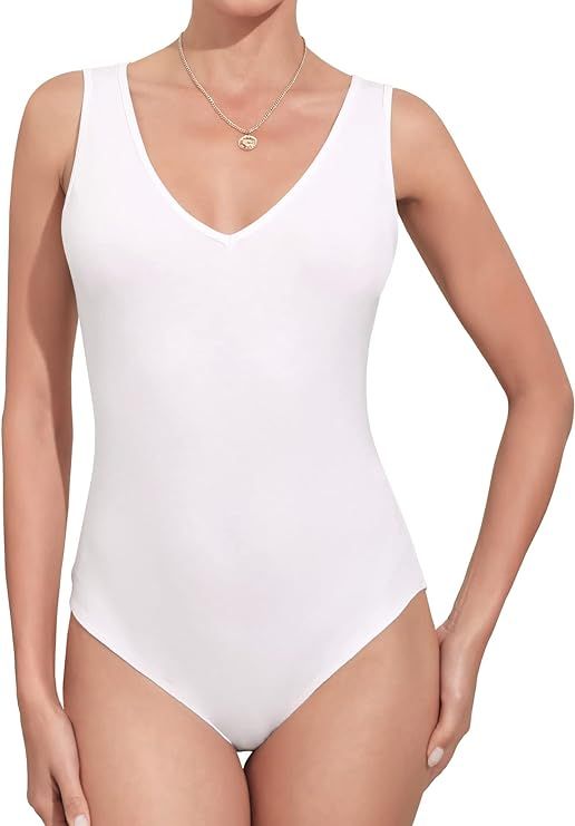 MANGDIUP Bodysuit for Women V Neck Sleeveless Soft Comfortable Basic Tank Tops | Amazon (US)