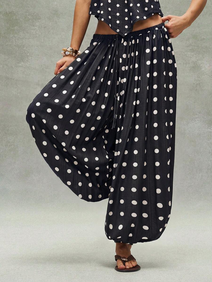 Bohemela Casual Woven Polka Dot Pattern Loose Drawstring Ankle Women Pants | SHEIN