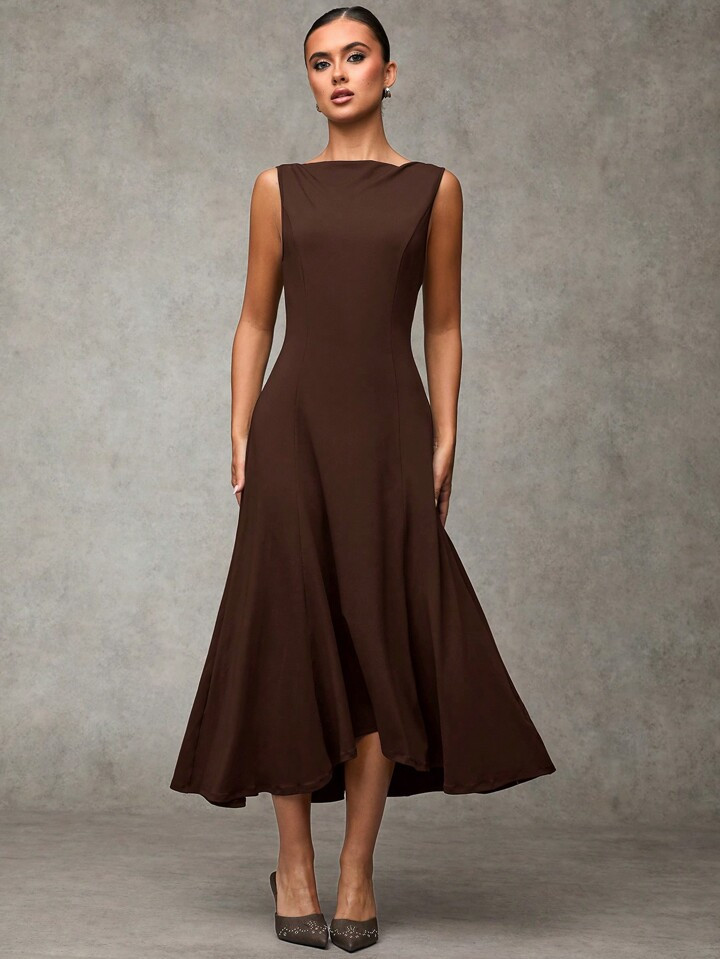 SHEIN BAE Damen Einfarbiges Elegantes Sommerkleid Mit Rundhalsausschnitt Und Ärmellos | SHEIN