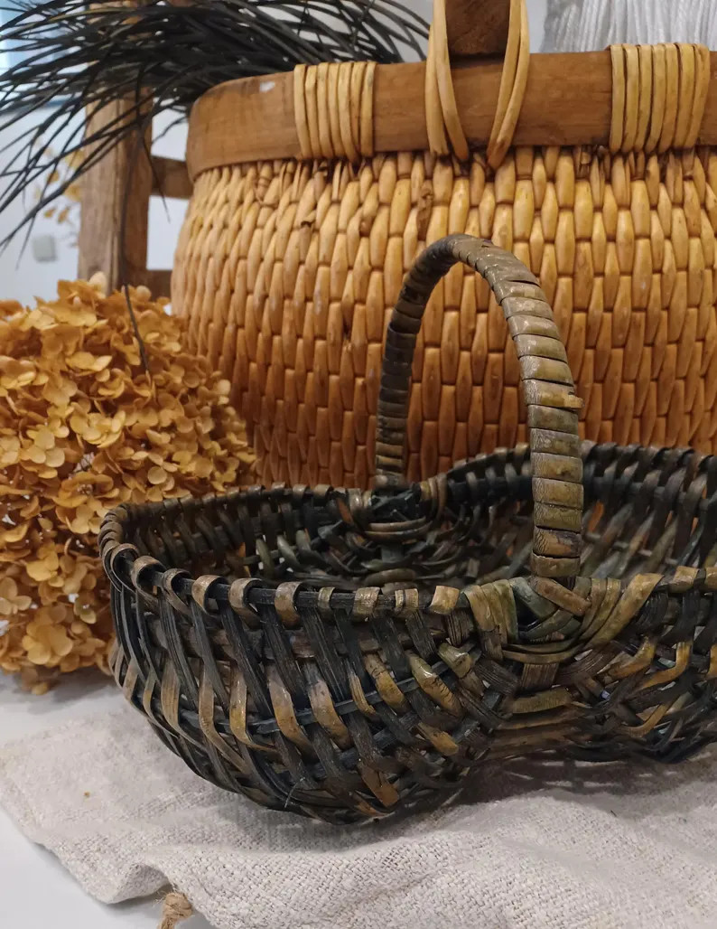 Small Dark Vintage Handmade Rattan Basket | Etsy (US)