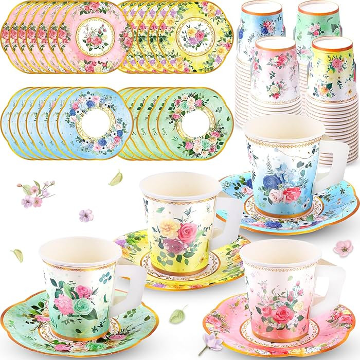 160 Pcs Floral Paper Tea Cups and Saucers 7 OZ Disposable Paper Tea Cups with Handle and Plates f... | Amazon (US)