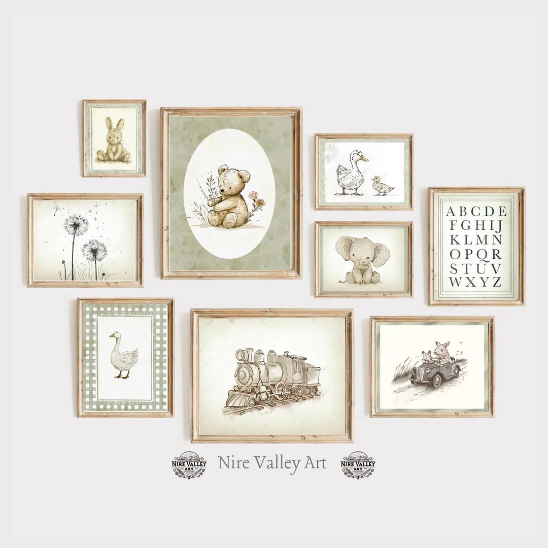 Vintage Nursery Sage Green Prints, Set of 9 Vintage Gallery Wall Printables, Neutral Baby Room Ar... | Etsy (US)