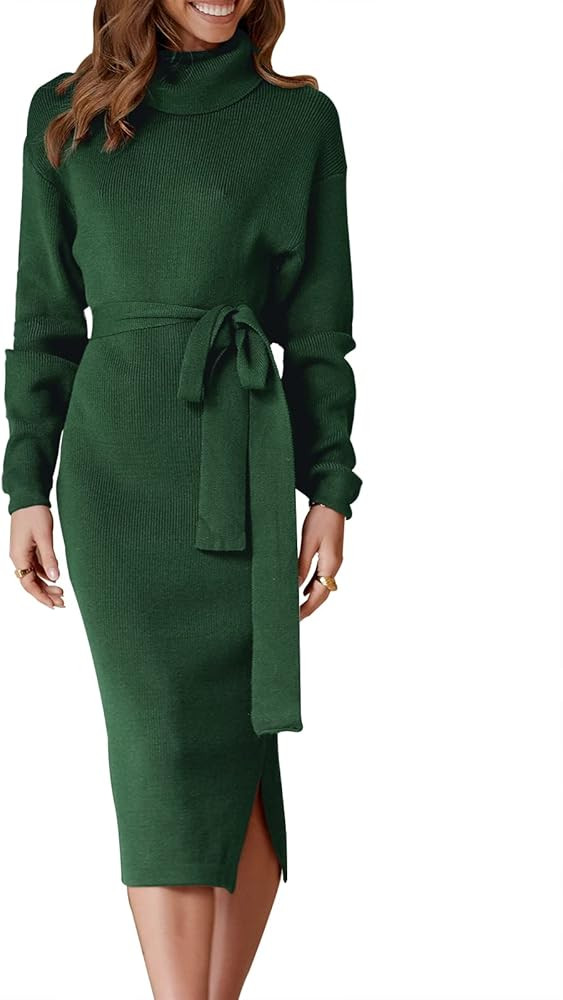 ANRABESS Women's Turtleneck Long Batwing Sleeve Chunky Knit Slit Slim Bodycon Tie Waist Pullover ... | Amazon (US)