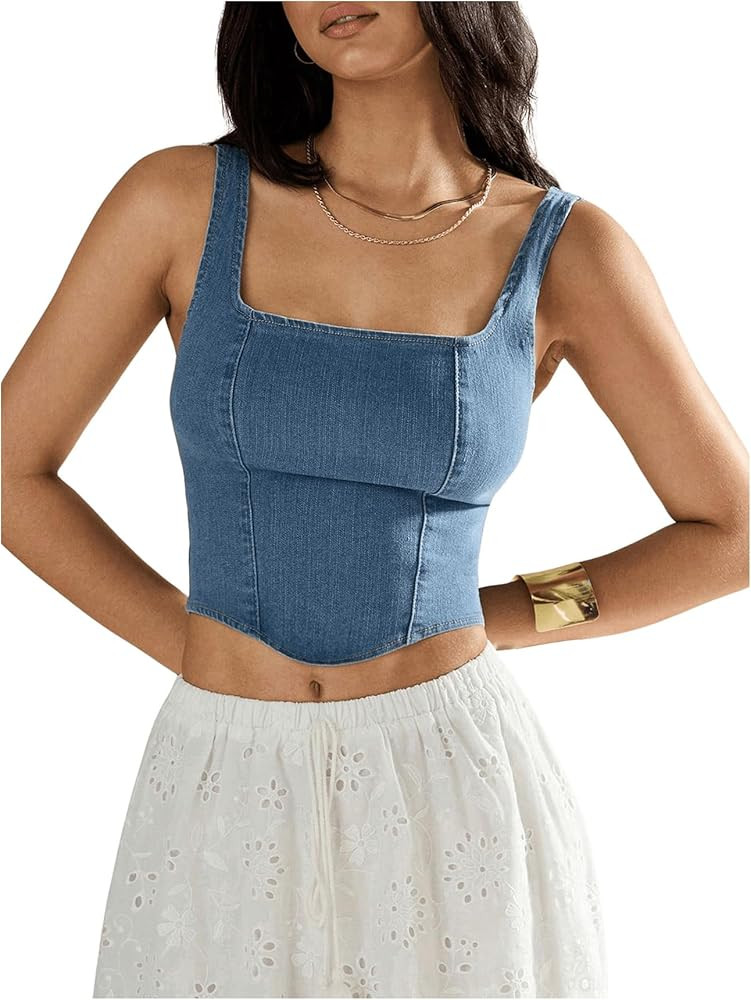 SHENHE Women's Denim Tank Top Sleeveless Square Neck Backless Slim Fit Y2k Crop Top | Amazon (US)