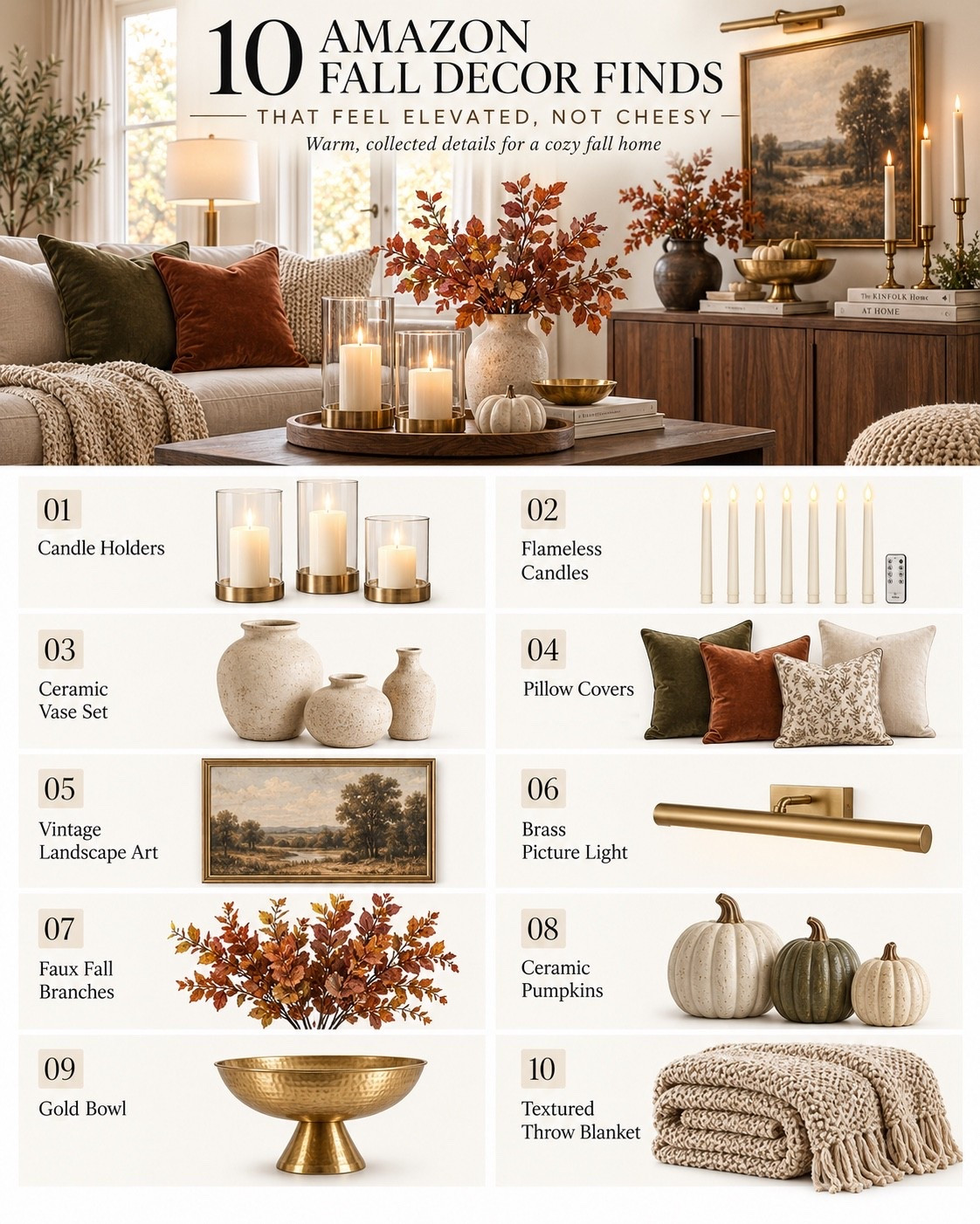 Fall decor for anyone who wants their home to feel like fall… without looking like the seasonal aisle exploded in it. 😂🍂

These 10 Amazon finds are all about creating that warm, collected fall feeling with rich texture, earthy color and pieces that blend naturally into your everyday decor. Think olive and rust pillows, vintage-inspired landscape art, warm brass, creamy ceramics, fall branches and lots of cozy texture.

The trick is mixing obvious seasonal pieces—like pumpkins and fall stems—with things you’d happily leave out year-round. It makes the whole room feel elevated instead of overly themed. 🤎

Amazon fall decor, Amazon fall finds, Amazon home finds, fall decor, fall decor ideas, fall home decor, fall decorating ideas, neutral fall decor, elevated fall decor, elegant fall decor, classy fall decor, cozy fall decor, warm fall decor, subtle fall decor, sophisticated fall decor, transitional fall decor, traditional fall decor, organic modern fall decor, fall living room decor, fall living room ideas, cozy living room, warm neutral home, neutral home decor, collected home decor, designer inspired decor, affordable home decor, fall Amazon favorites, fall pillow covers, olive pillow covers, rust pillow covers, fall throw pillows, textured throw blanket, cozy throw blanket, vintage landscape art, landscape wall art, brass picture light, picture light, gold home decor, gold pedestal bowl, decorative gold bowl, ceramic pumpkins, neutral pumpkins, fall pumpkin decor, faux fall branches, autumn stems, ceramic vase set, neutral vases, hurricane candle holders, flameless candles, fall home inspiration

#LTKHome #LTKSaleAlert #LTKSeasonal