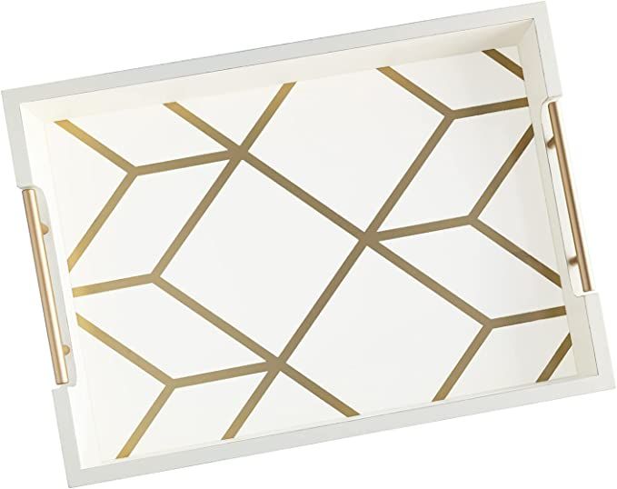 White & Gold Coffee Table Serving Tray with Handles - 16.5 x 12 - Wooden Decorative Ottoman Tray ... | Amazon (US)