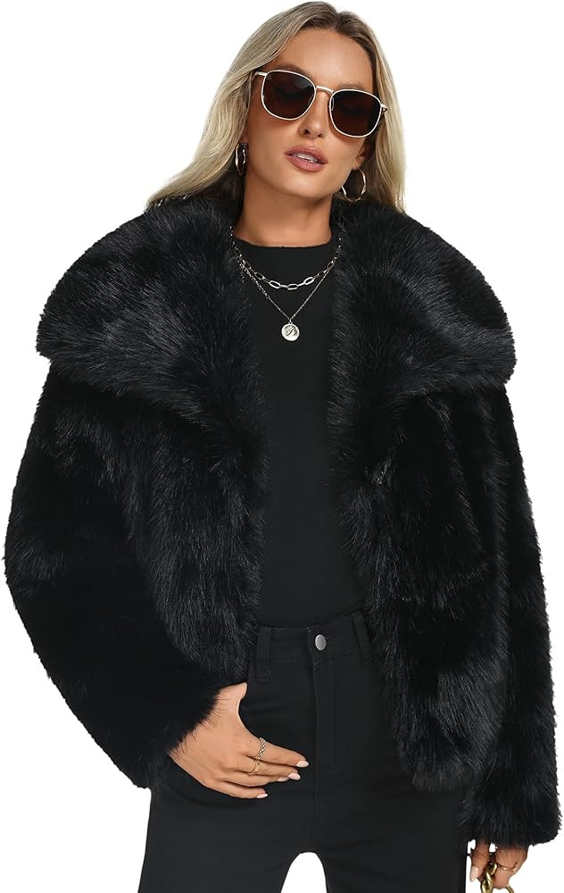 Funlingo Women's Faux Fur Coat Winter Long Sleeve Lapel Cropped Jacket Warm Shaggy Overcoat | Amazon (US)