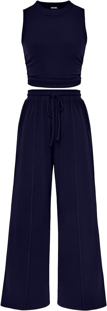 BTFBM Women Summer 2 Piece Outfits 2025 Beach Crew Neck Sleeveless Cropped Top Elastic Waist Wide... | Amazon (US)