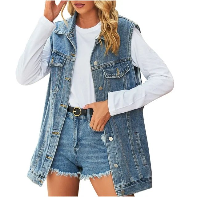 Jalioing Sleeveless Vests for Women Lapel Denim Single Breasted Pocket Vintage Trendy Outerwear (... | Walmart (US)
