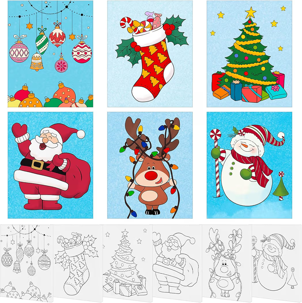 6 Pack 8x10 Inches Christmas Theme Pre Drawn Canvas to Paint, Pre Printed Canvas for Ladies Sip and Paint Party Favor, Pre Sketched Canvas for Painting for Adults | Amazon (US)
