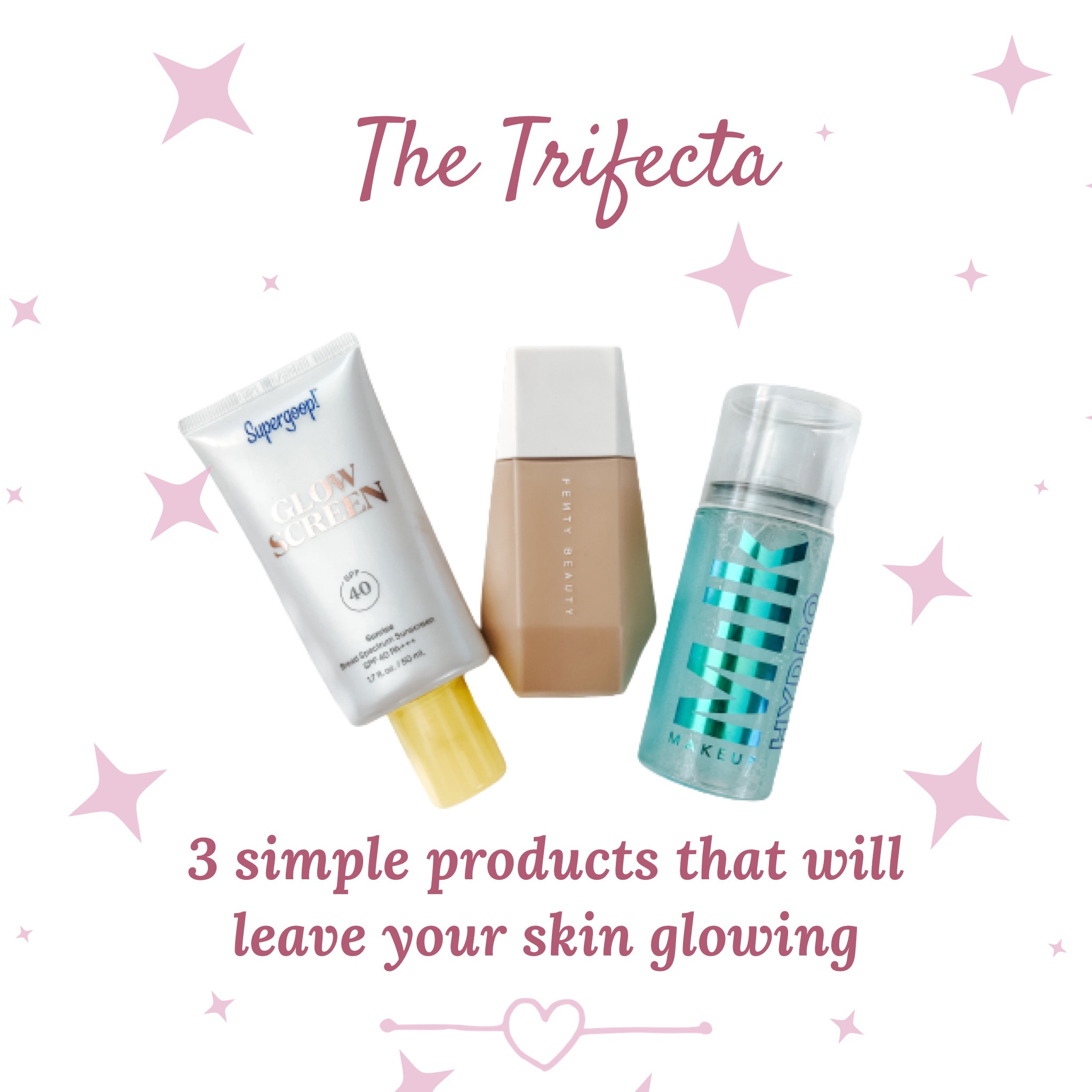 I’ve found my holy grail 🙌🏻 

I have been in the never ending search to find a SIMPLE makeup regimen that left my skin looking glowy and hydrated vs heavy foundation accentuating every line and uneven patch of skin on my face. And I have FINALLY found it. I am beyond excited about this trio.

1. Supergoop Glow Screen— totally lives up to the hype. A tinted moisturizing SPF for your face and it’s *chefs kiss* 

2. Fenty Beauty Skin Tint— hands down the freaking best tinted moisturizer I have used in my life. It’s buildable and gives amazing coverage but is still so light It just melts into my skin and leaves it looking so fresh and not cakey at all… not even a little bit.

3. Milk Makeup Hydro Grip Dewy Long-Lasting Setting Spray—I bought the travel size because I wanted to try it before I bought the full size… I will be buying the full size. This setting spray holds everything into place while leaving your skin looking so fresh and hydrated.

I wore these 3 in Disneyland for 12+ hours and it STAYED. Usually anything “dewy” just sits on top of my skin and slides right off if anything touches it. This combo didn’t do any of that… not even on my nose after wearing sunglasses all day. 

I can’t hype this trip up enough. I am so freaking excited to have finally found something I love! I hope you love it too :) 

#LTKunder50 #LTKFind #LTKbeauty