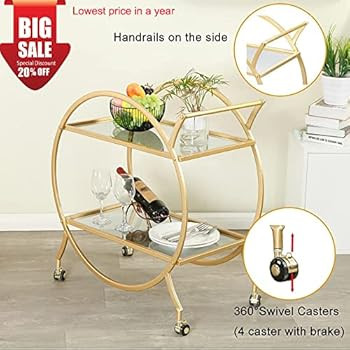Round Gold Bar Cart with 2 Mirrored Glass Shelves, Modern Metal Bar Serving Cart, Mini Bar Carts ... | Amazon (US)