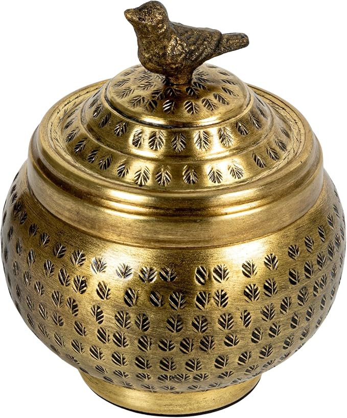 Creative Co-Op, Brass Round Hammered Metal Container with Bird Finial, Finish | Amazon (US)
