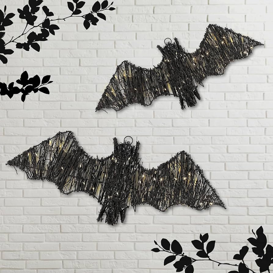 2 Pack Rattan Bats with Hanging Loops Halloween Lights Hanging Bats Decorations 3D Lit Woven Bats... | Amazon (US)