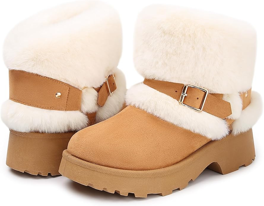 Furry Winter Boots for Women, Block Heels Snow Boot Platform Flurry Fuzzy Winter Booties Buckle S... | Amazon (US)