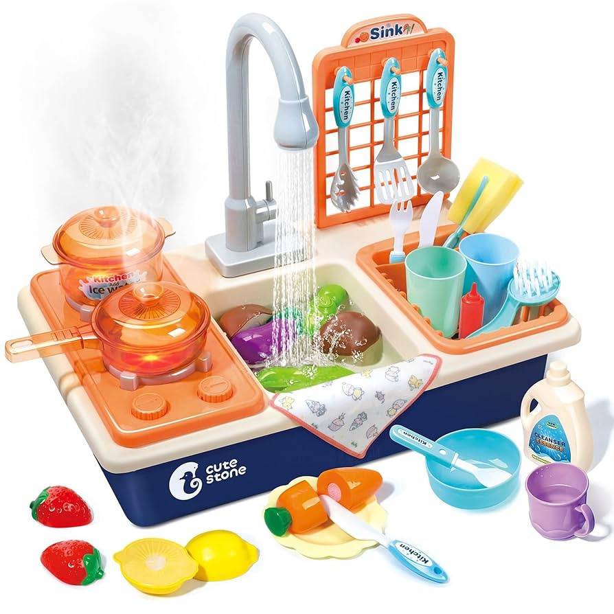 CUTE STONE Pretend Play Kitchen Sink Toys with Play Cooking Stove, Pot and Pan with Spray Realist... | Amazon (US)