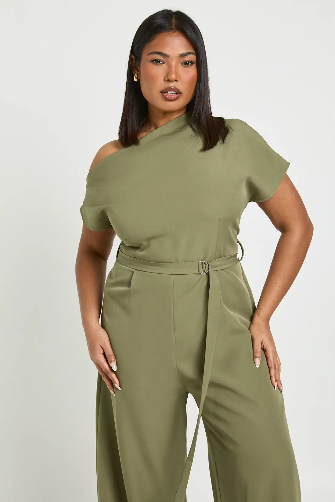 Khaki Plus Asymmetric Belted Jumpsuit | Boohoo USA | boohoo (US & Canada)