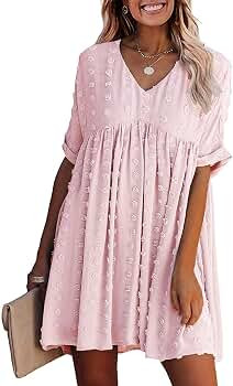 KIRUNDO Summer Women’s Short Sleeves Mini Dress Sexy V Neck Flowy Casual Dress Swiss Dot Short ... | Amazon (US)