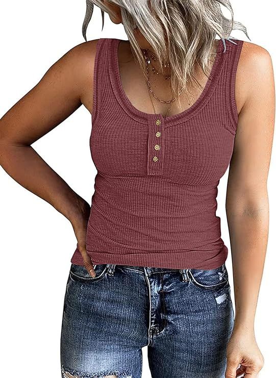 PIIRESO Women's Summer Scoop Neck Ribbed Tank Tops Sleeveless Henley Button Down Casual Shirts | Amazon (US)