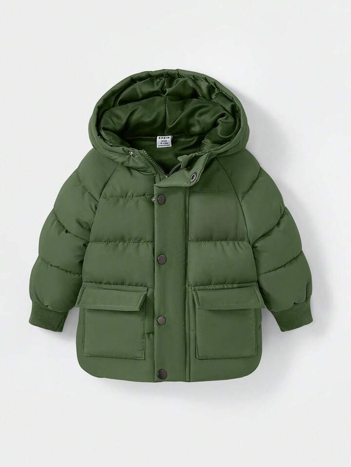 Baby Boys Thick Quilted Padded Green Hooded Long Sleeve Windproof Pockets Casual Sports Padded Co... | SHEIN