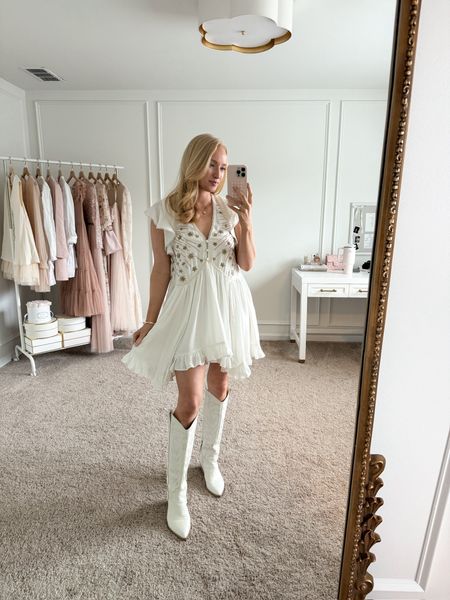 Perfect country concert outfit! Love the star sequins on this Anthropologie dress! Wearing size small. Summer dresses // country concert dresses // country concert outfits // white dresses // event dresses // cowboy boots // anthropologie dresses // Anthropologie finds // Nordstrom boots 

#LTKParties #LTKFestival #LTKSeasonal