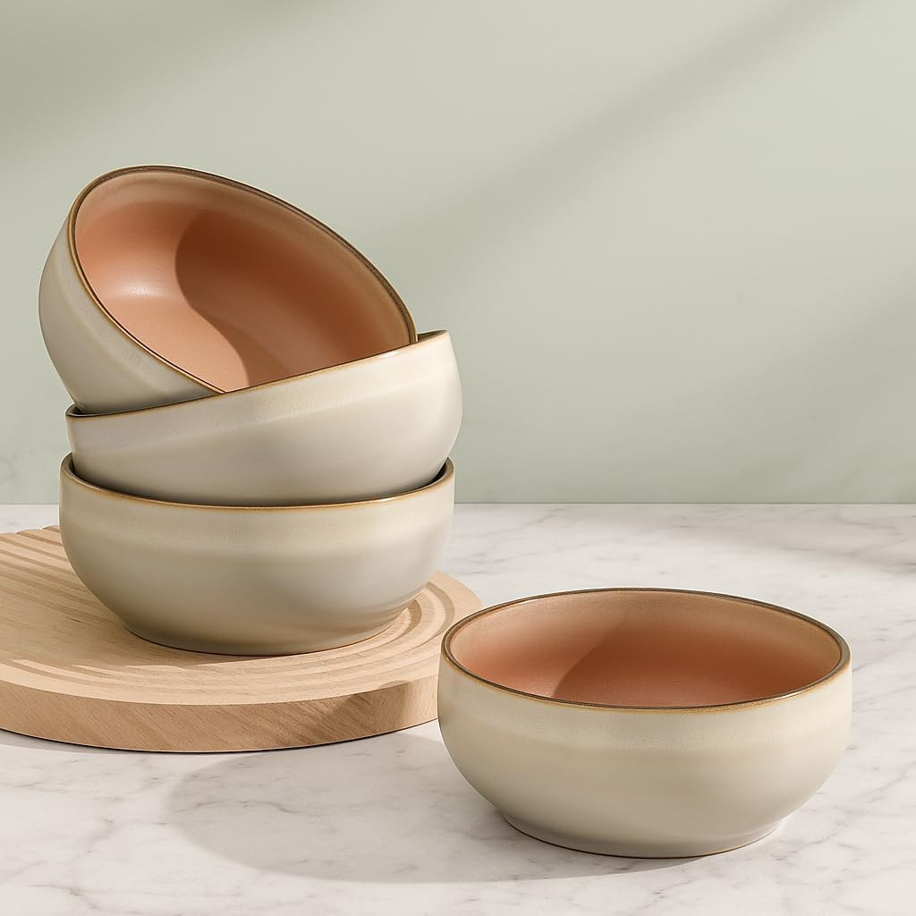 Ava Nord Stoneware Ceramic Cereal Bowls Set of 4, 21 oz | Lead-Free, Cadmium-Free | Microwave and Dishwasher Safe | For Soup, Salad, Rice, Dessert, Ice Cream | Nordic Design | Terracotta/Sage Ash | Amazon (US)